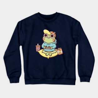 Cute Gamer Frog In Hoodie Playing Video Games Crewneck Sweatshirt